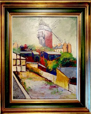 an oil painting of a windmill on a hill with a fence
