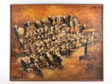 an oil painting of a group of people standing in front of a building