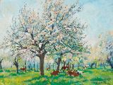 painting of a group of cows grazing in a field with a tree in the background