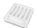 une image représentant un plateau en plastique blanc comportant six compartiments et une cloison de séparation