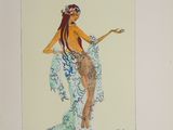 tableau représentant une femme vêtue d'une robe bleue et blanche, tendant la main