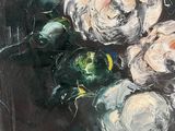 an oil painting of white roses in a vase on a black background