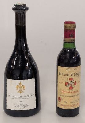 two bottles of wine sitting next to each other on a table