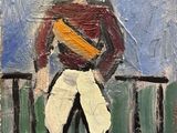 une peinture à l'huile représentant un homme tenant une batte de baseball dans la main droite