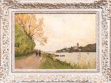 an image of a painting of people walking down a path by the water