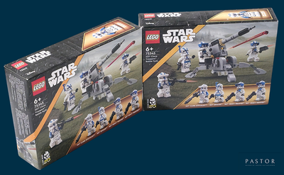 two boxes of lego star wars action figures sit side by side on a blue background