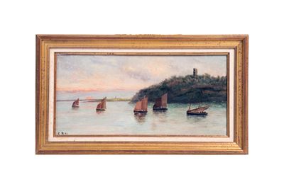 une peinture représentant des voiliers sur l'eau, avec un phare en arrière-plan