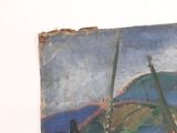 a painting on the wall of a building with a boat in the water