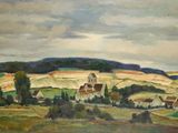 une image représentant un tableau représentant un paysage rural avec une église au loin