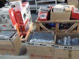 several boxes of electronics are stacked on top of each other in a warehouse