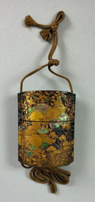 a gold and black bag hanging on a wall