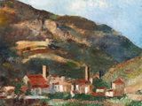 an image of a painting of a small town in the mountains