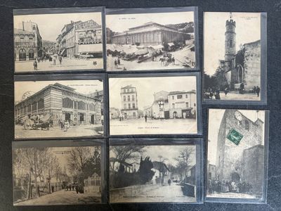 several old black and white photographs of a building and a clock tower