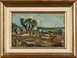 an image of a painting of a landscape with trees in the foreground