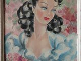 painting of a woman in a blue dress holding a bouquet of flowers