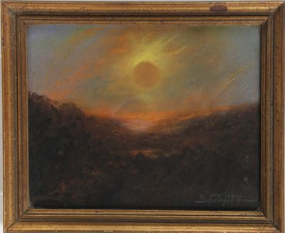 un tableau représentant un coucher de soleil sur une chaîne de montagnes