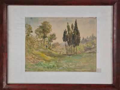 tableau représentant un paysage avec des arbres, encadré et accroché au mur