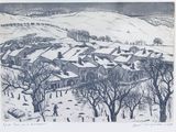 une image représentant un dessin d'un village au milieu d'un champ enneigé