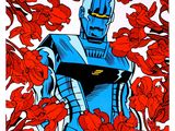 a painting of a robot surrounded by red flowers on a white background
