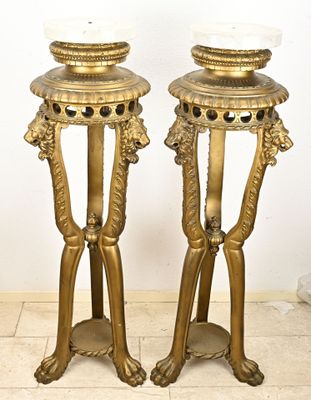 pair of antique brass candlesticks with marble top