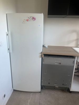 un réfrigérateur et un lave-vaisselle dans une petite cuisine