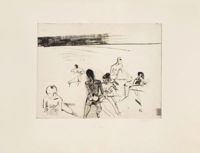 une image représentant un dessin en noir et blanc de personnes sur une plage