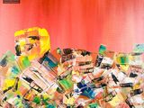 un tableau représentant une pile de papiers posée sur une table