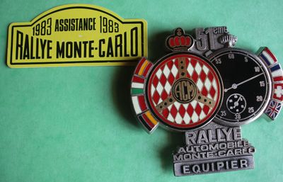 two badges of different colors and designs on a green surface