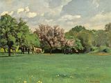 a painting of a horse in a field with trees in the background