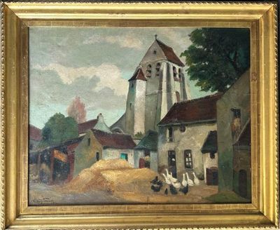 une peinture à l'huile représentant une scène de village avec une église en arrière-plan