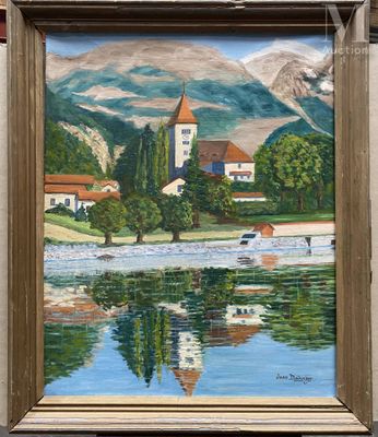 une peinture à l'huile représentant une église située sur une colline, avec un lac en contrebas