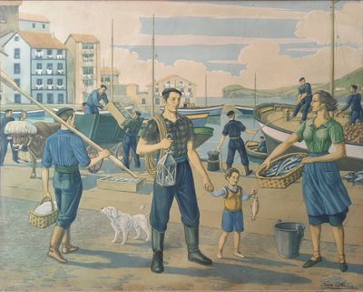 un tableau représentant des personnes sur la plage avec un chien et un chat