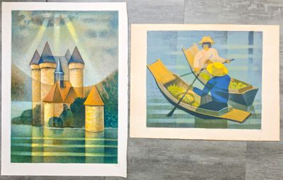 deux tableaux représentant un homme dans un bateau et un château