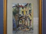 une image d'une peinture représentant une scène de rue dans un cadre doré
