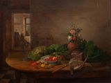 un tableau représentant une nature morte avec des fleurs et des fruits posés sur une table