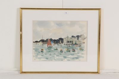 une photo d'une aquarelle représentant des bateaux sur l'eau