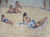 a painting of a group of people on the beach