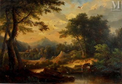 tableau représentant un paysage boisé avec du bétail paissant au bord d'une rivière