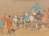 un tableau représentant une calèche tirée par des chevaux avec des personnes à bord