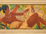 une image représentant un tableau où l'on voit une femme et un cerf dans un champ