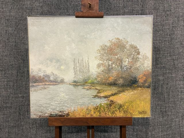 Gaston THIERY (1922-2013) « Levé de soleil sur l’étang ». Huile s...