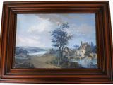 peinture représentant un paysage avec une rivière et un village au loin