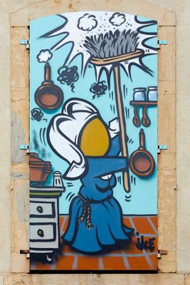 painting of a woman in a blue dress holding a broom in front of a kitchen window