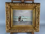painting of a man and a woman on a beach by the ocean