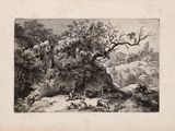 un vieux dessin en noir et blanc représentant un paysage de montagne avec des animaux