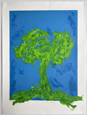 painting of a green tree on a blue background in a white frame