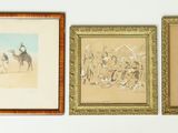 three framed pictures of a man riding a horse and a woman riding a horse