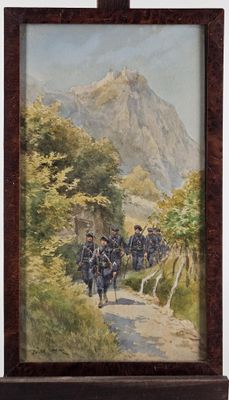 painting of a group of men riding horses down a dirt road