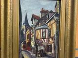 painting of a street scene with a horse drawn carriage in a gold frame