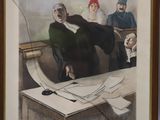 painting of a man sitting at a desk with papers in front of him and a group of people behind him